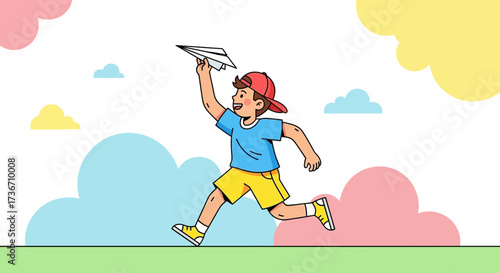 Joyful child running and throwing paper airplane with the background blue clouds