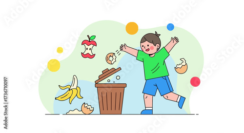 Joyful Child Throwing Fruits And Food Scraps Into The Trash Recycling Bin