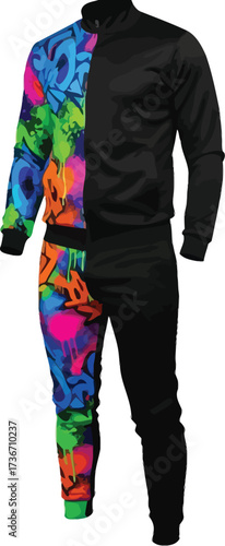 A tracksuit with one side black and the other side with colorful graffiti design on a white background