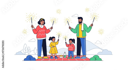 Joyful Family Celebrating Together With Sparklers Under A Festive Night Sky