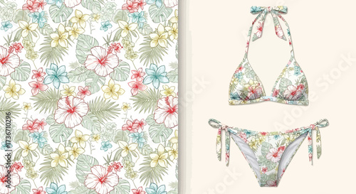 Floral pattern with hibiscus and tropical leaves next to a matching bikini set on a light background