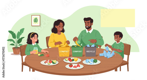 Joyful Family Sorting Discarded Food Waste, Composting and Recycling For Environment