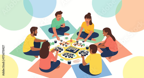 Joyful Feast of Sushi: A Group of Friends Gather for a Delicious Meal Together