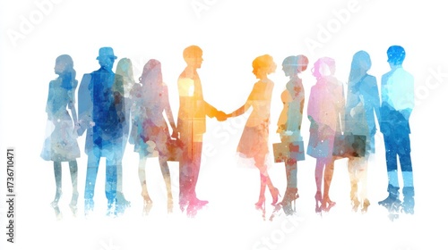 Wallpaper Mural Colorful silhouettes of people interacting with each other through handshakes and conversation, illustrating themes of networking and collaboration. Torontodigital.ca