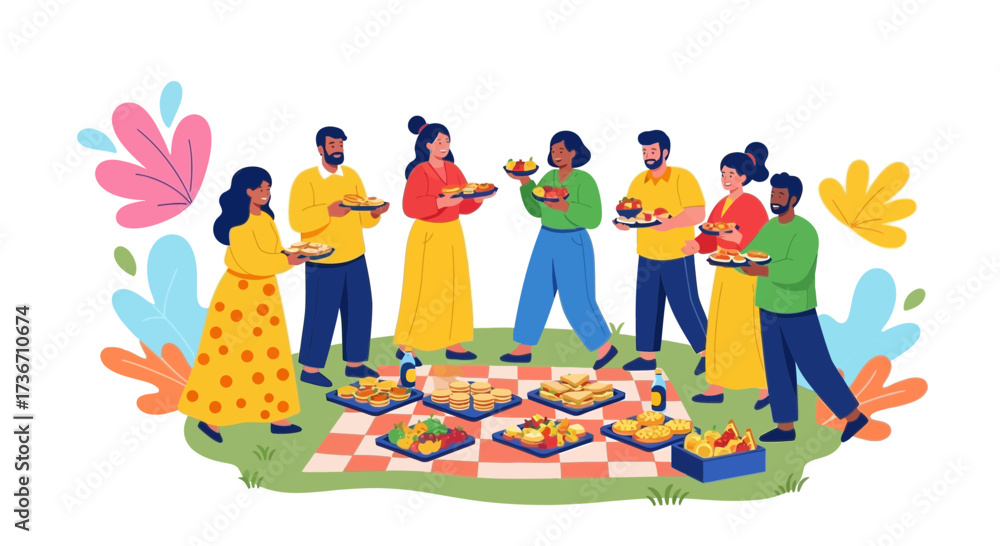 Fototapeta premium Joyful Gathering Of People Enjoying Food And Drinks Together At Outdoor Family Buffet