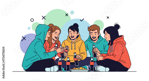 Joyful Gathering of Friends Enjoying Appetizers and Bottled Drinks Together
