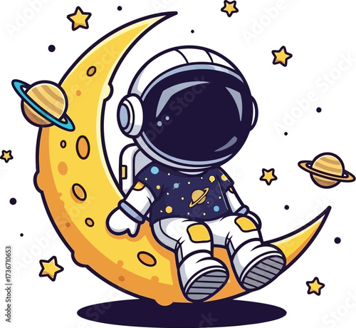 Cartoon astronaut sitting on a crescent moon surrounded by planets and stars on a white background