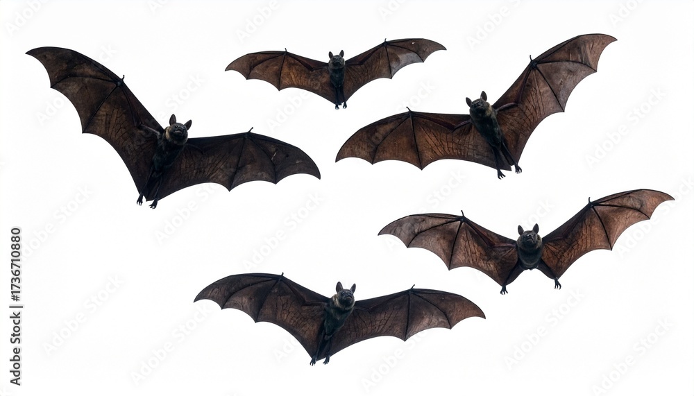 Naklejka premium Six bats flying in various directions with wings fully extended, showing detailed anatomy against white background.
