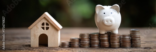 Wooden Home with Piggy Bank: Savings Strategy for Future Property Investment