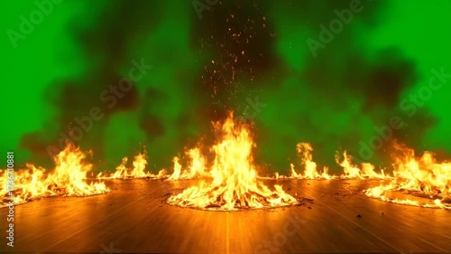 Basketball Court on Fire with Green Screen Background - A basketball court is engulfed in flames, with fire burning across the wooden floor.