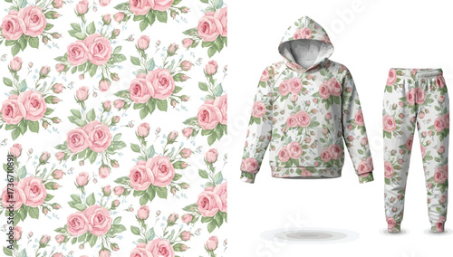 Floral pattern on fabric next to a hoodie and sweatpants with matching floral pattern on white background