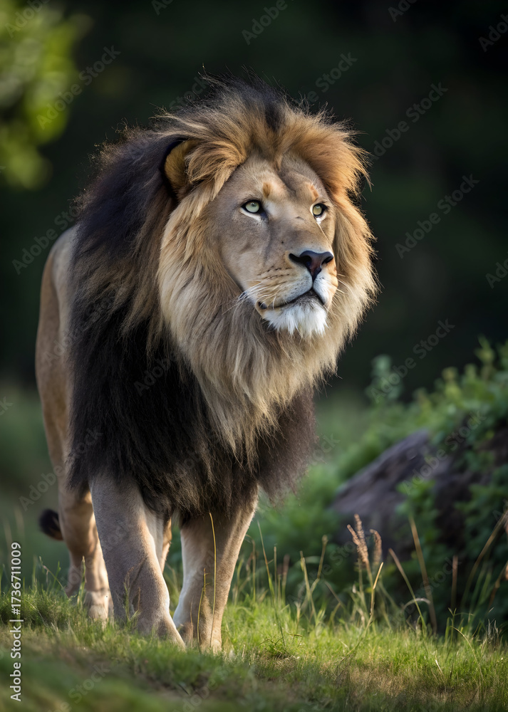 Obraz premium Majestic male lion with full mane walks through grassy savanna at sunrise big cat africa