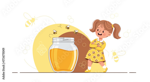 Joyful Girl Observing Honey Jar and Bees on a Bright Yellow Background