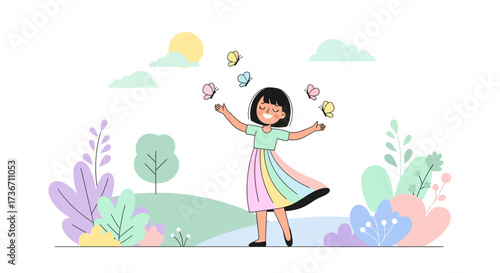 Joyful Girl Playing With Butterflies In A Pastel Nature Environment Illustration