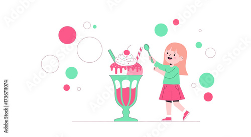 Joyful Girl Preparing Huge Ice Cream Sundae for a Sweet Indulgence