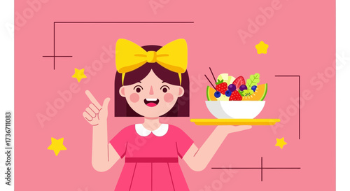 Joyful Girl Presenting a Bowl of Fresh Fruit Salad with Delightful Enthusiasm