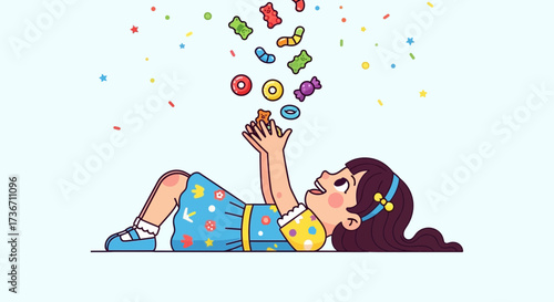 Joyful Girl Reclining and Gase at Sweets Falling From Sky in Cartoon Illustration