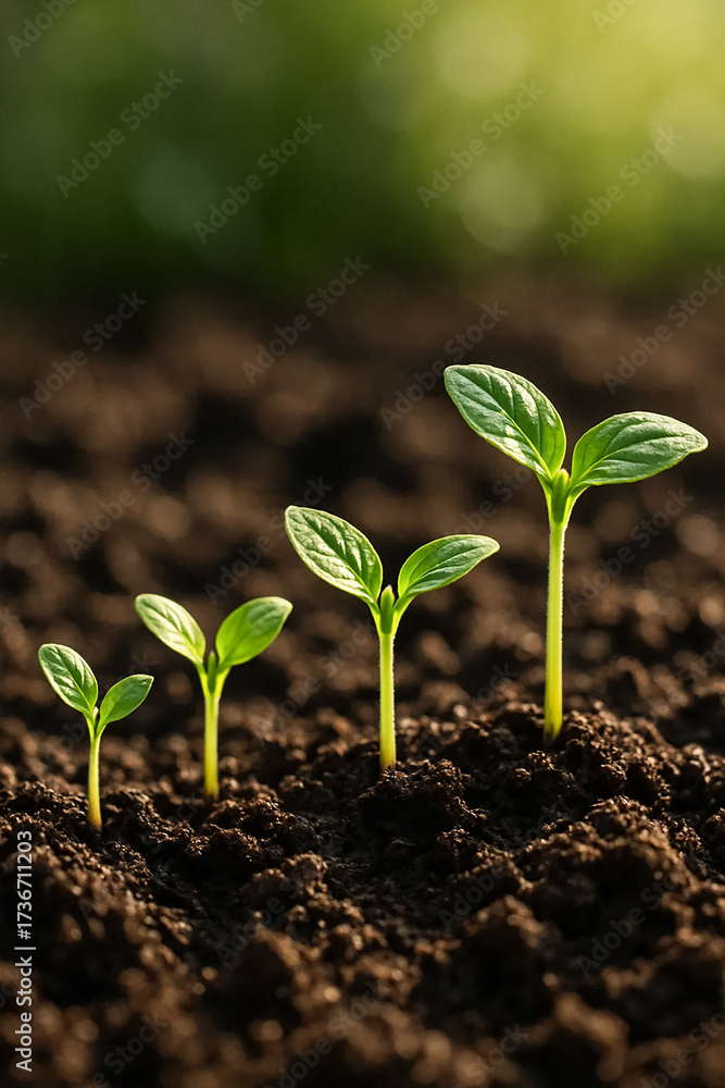 Fototapeta premium Young green seedlings growing from soil symbolizing growth and new life.