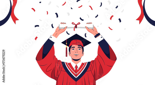 Joyful Graduate Celebrating Academic Achievement Holding Diploma With Colorful Confetti