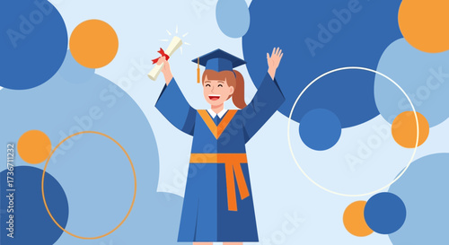 Joyful Graduate Celebrating Academic Achievement With Diploma And Raising Arms Happily