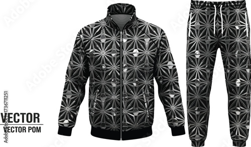 A matching tracksuit with a geometric star pattern in shades of gray and black on a white background