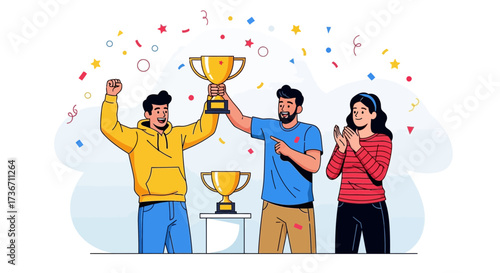 Joyful Group Celebrating Achievement While Holding Trophy Cup, Showing Triumph And Success