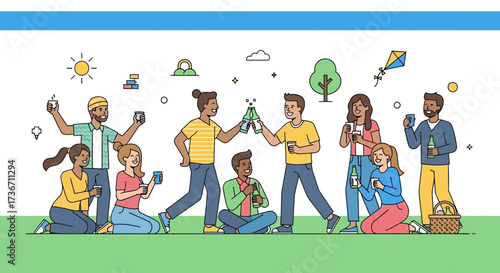 Joyful Group Celebrating Outdoors with Drinks, Enjoying the Sunny Day Together