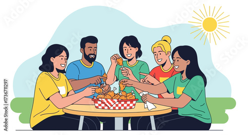 Joyful Group Eating Fried Chicken Together Outside During Summertime Celebration