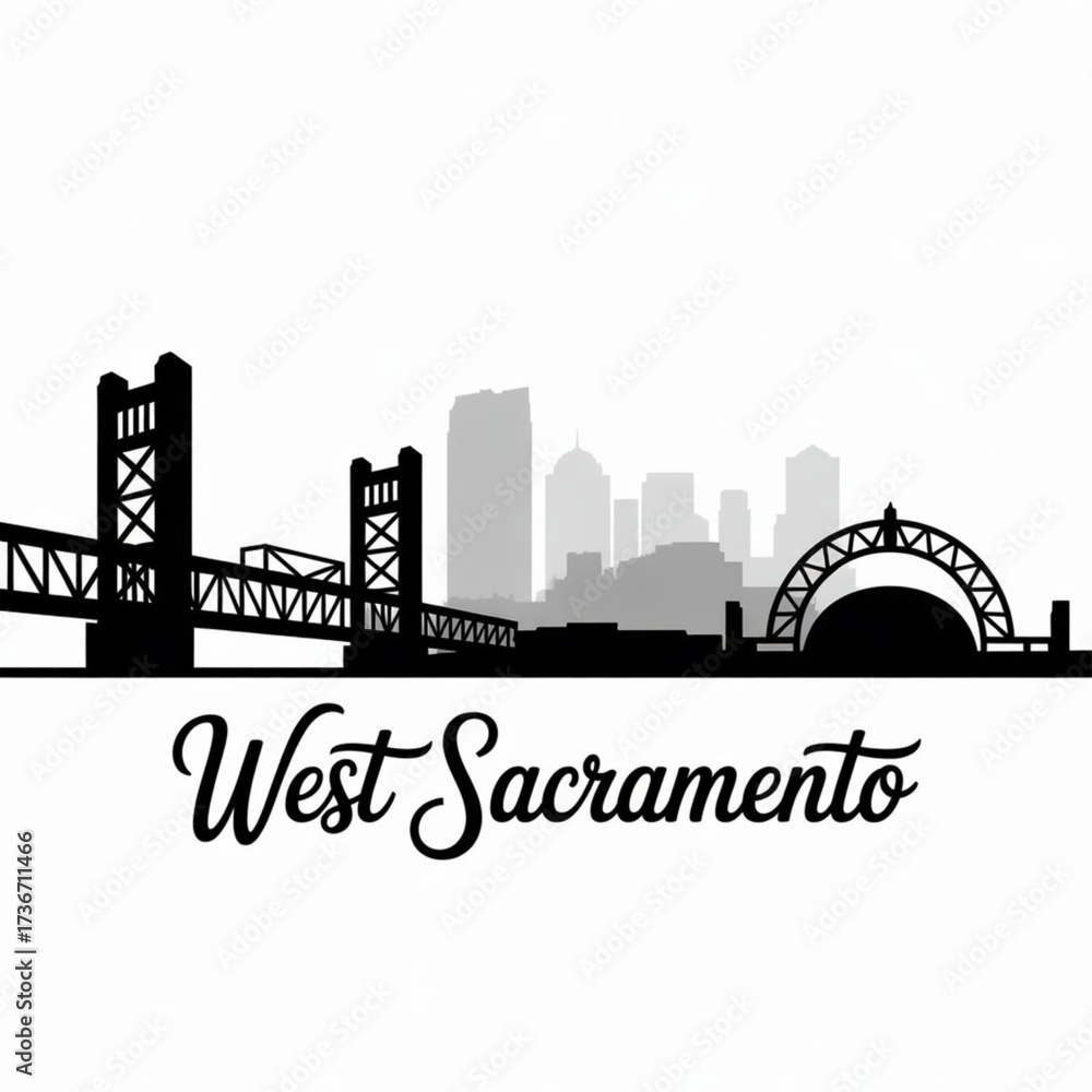 custom made wallpaper toronto digital‎West Sacramento California Skyline Silhouette — A Riverfront City Across the Tower Bridge Vector Illustration