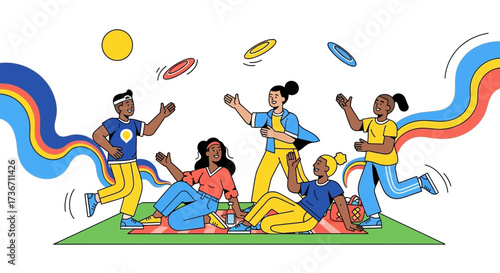 Joyful Group Playing Frisbee Outdoors, Embracing Summer With Playful Activities