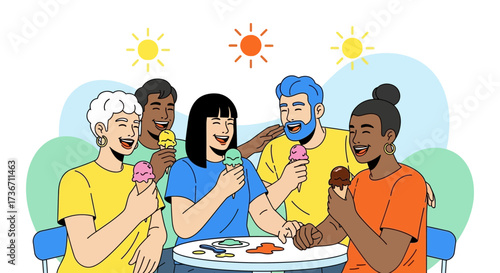 Joyful Group Sharing Ice Cream Cones Together During A Sunny Summertime Day