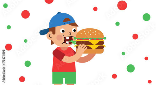 Joyful Illustration Depicting A Young Person Enjoying A Large Delicious Hamburger