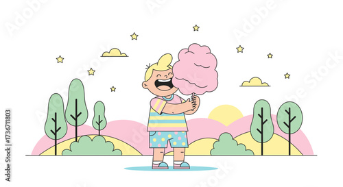 Joyful Kid Eating Cotton Candy In A Colorful Landscape Illustrated With Trees