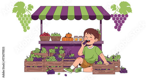 Joyful Kid Enjoying Grapes Beside Farm Stall Illustration Artwork Design Concept