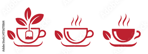Red Tea Cup Icons with Leaves and Steam, Representing Hot Beverages and Nature