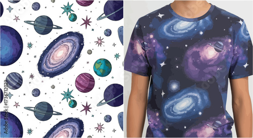 A collage showing a space themed pattern and a person wearing a t shirt with the same pattern