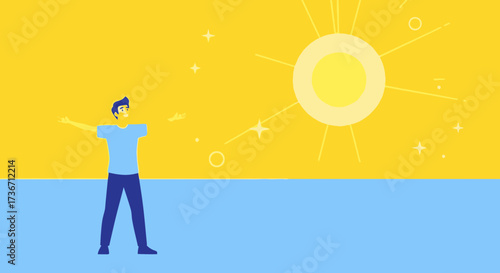 Joyful Person Embracing Sunshine, Optimism Concept With Radiant Yellow Background