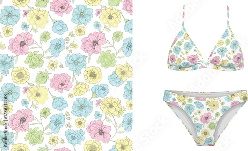 Floral print bikini set with matching fabric swatch featuring pastel colored flower illustrations