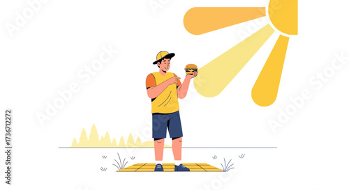 Joyful Person Pointing at a Burger Under Sunny Beams, Capturing The Essence of Summer