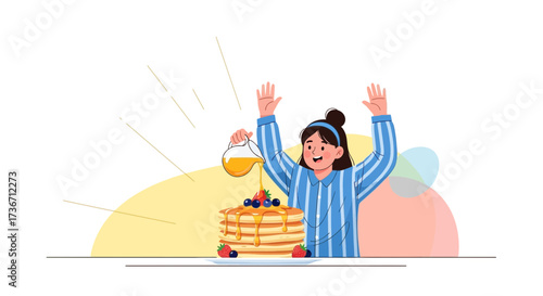 Joyful Person Preparing Stacked Pancakes with Syrup For A Delicious Breakfast Delight