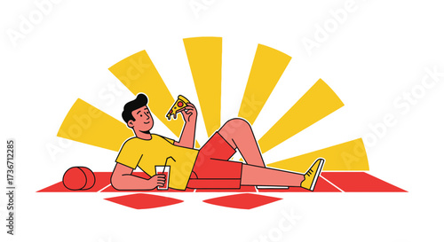 Joyful Person Relaxing And Enjoying Pizza Slice And Drink On A Sunny Day