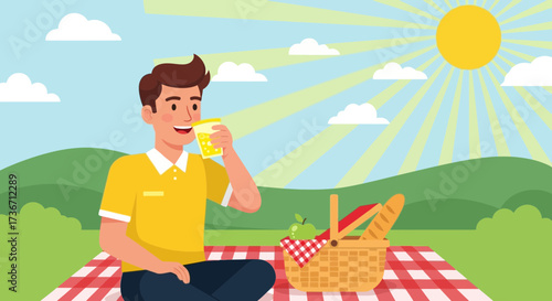 Joyful Person Sipping Drink on A Picnic Under The Sun Surrounded by Nature Enjoying Warmth