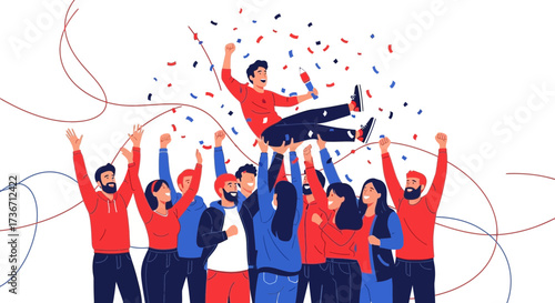 Joyful Team Celebrating Triumph With Enthusiasm And Colorful Festive Confetti