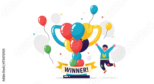 Joyful Trophy Celebration with Balloons and a Winner Depicting Success and Achievement