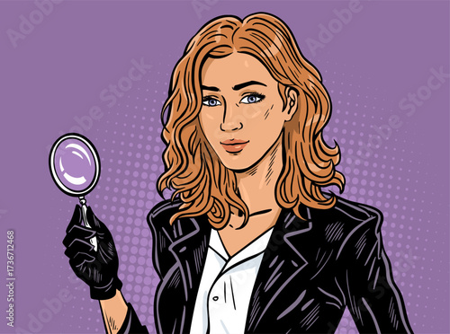 Female detective agent with magnifying glass pop art vector