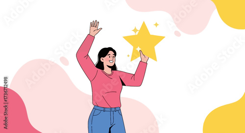 Joyful Woman Celebrating Achievement with a Golden Star and Sparkling Decorations