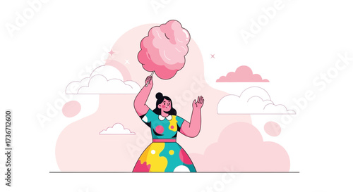 Joyful Woman Elevating Cotton Candy Amidst Dreamy Sky Vector Illustration
