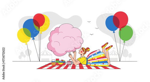 Joyful Woman Enjoying Cotton Candy At A Park Picnic On A Sunny Day Celebration