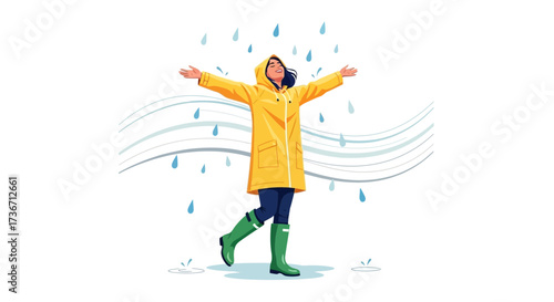 Joyful woman enjoying the rain in a yellow raincoat with arms outstretched in a joyful mood
