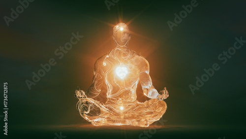 Surreal human figure meditates while energy lines illuminate calmness